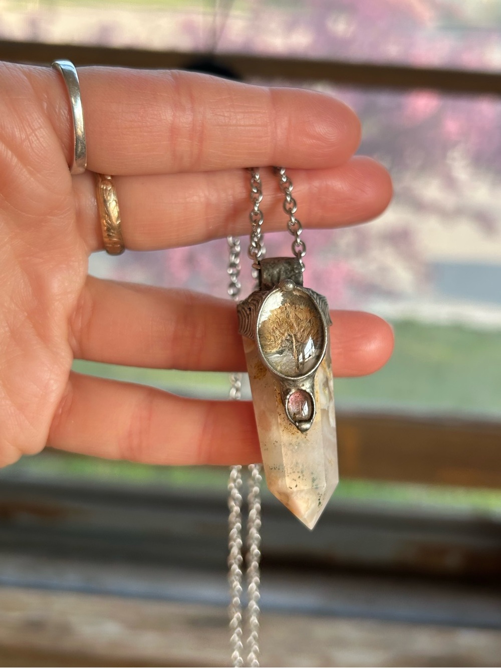 Pressed Yarrow + Cherry Blossom Agate & Pink Tourmaline Talisman necklace